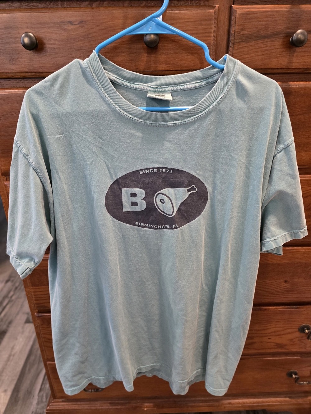 -Green/ Blue Comfort Colors Tshirt, With "B'Ham, AL" Logo. Size LARGE